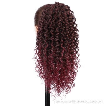 Vigorous High Quality Wholesale Long Ombre Burgundy Kinky Curly Machine Made Updo Drawstring Synthetic Ponytail Hair Extension